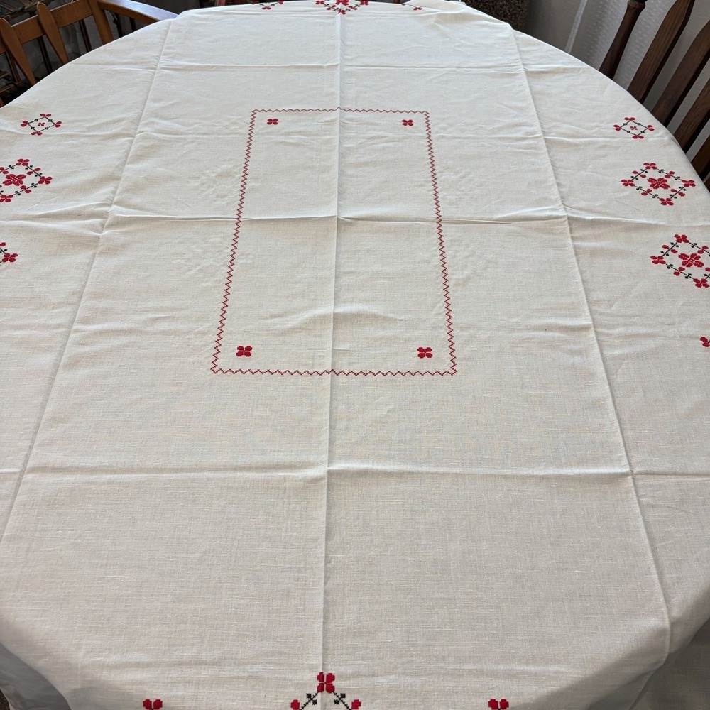 Vintage Cross Stitch Linen Tablecloth Napkin Set Red Black Folk Art Farmhouse
